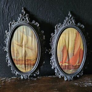 Vtg Nautical Ship Prints on Fabric In Ornate Metal Frames, Nautical Decor
